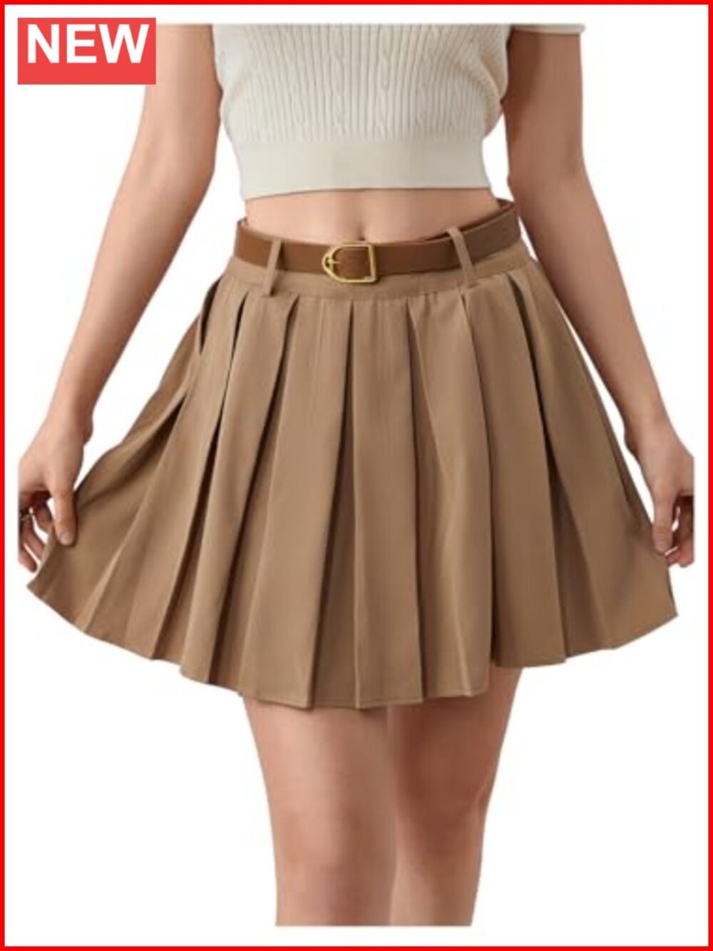 High Waist Pleated A-Line Belted Casual Skirt